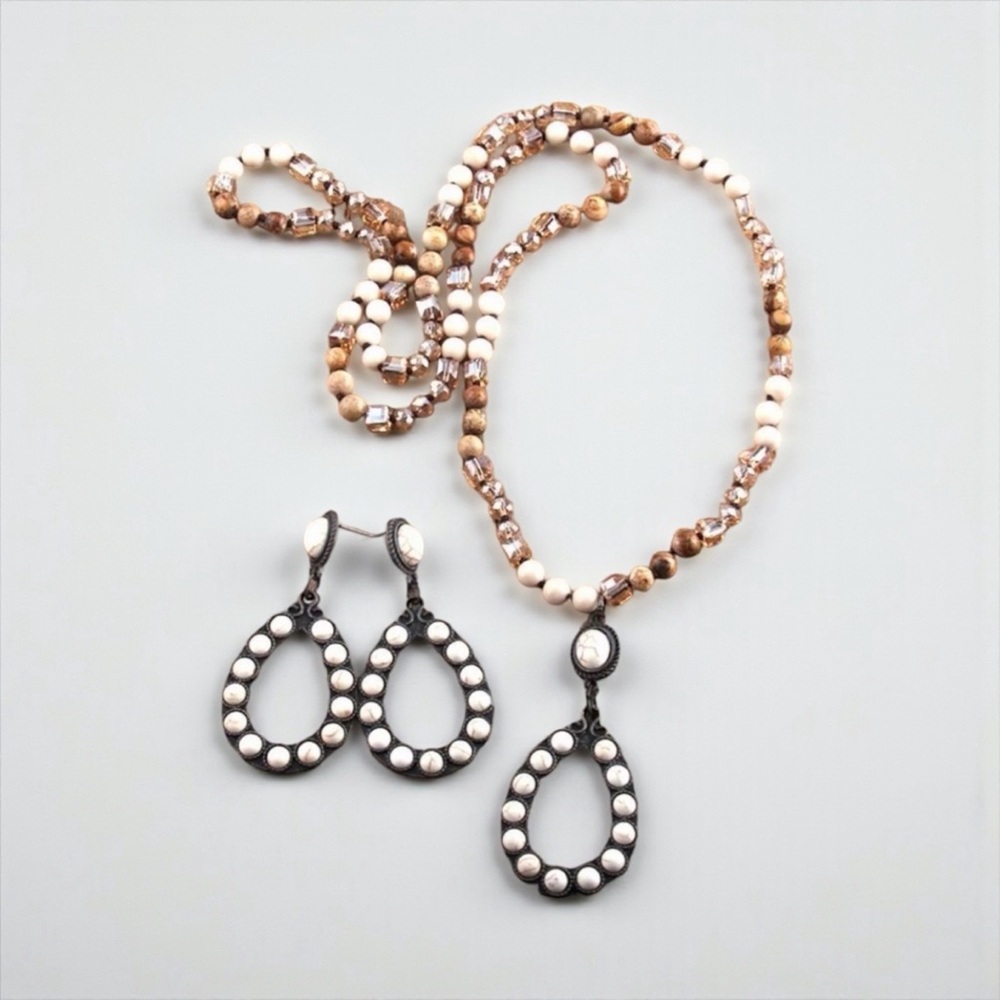 Long necklace earrings set stone beading boho artsy dangle statement